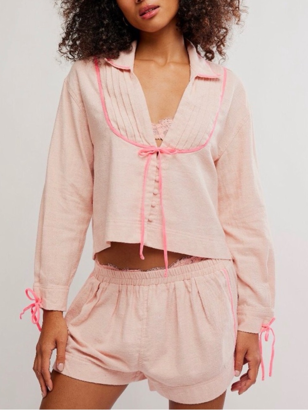 Free People XL Flannel Pajama Set W/ Buttons & Hot Pink Velvet rim details